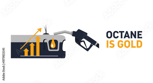 Fuel pump nozzle with rising graph and octane is gold text in bold modern design for business finance
