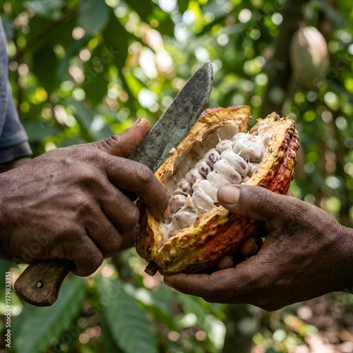 Man hands cutting open cacao pod with knife to reveal white pulp and cocoa beans inside