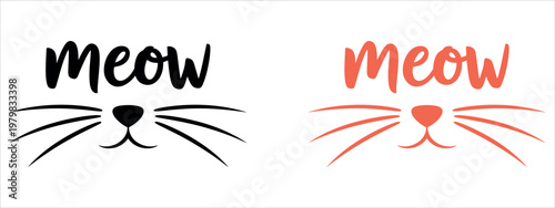 Playful vector illustration of a cat face with meow speech bubbles in black and red. Ideal for pet-themed designs, children's books, social media posts, and educational materials.