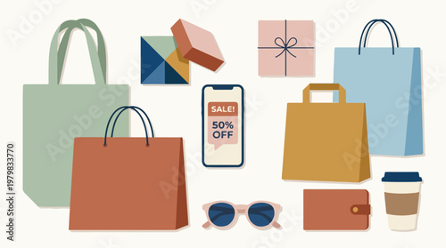 Shopping Sale Illustration with Bags, Gifts, Phone and Accessories for Retail Discounts and Consumerism Concepts