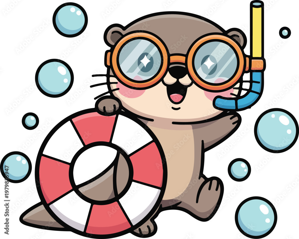 Fototapeta premium Cute otter floats in water with snorkel and life preserver. Ideal for summerthemed designs, childrens illustrations, and wildlife concepts.