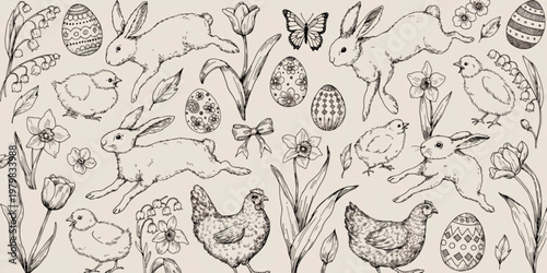Easter scene with rabbits, chickens, eggs, flowers, and butterflies in a garden.