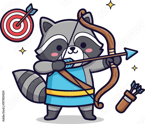 Raccoon archer aims at target with bow and arrow. Perfect for wildlife, archery, or outdoorthemed designs and projects.