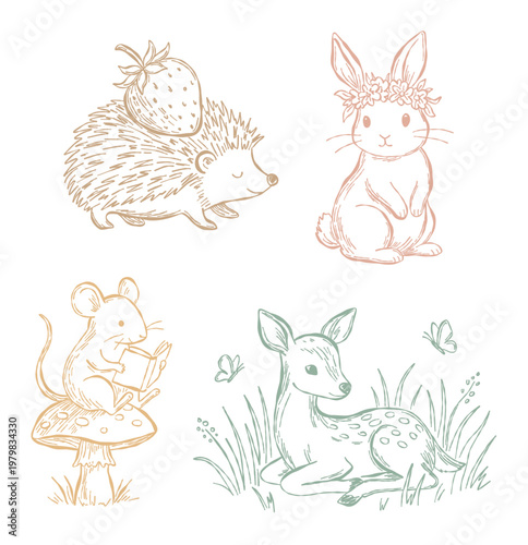 A charming vintage illustration featuring woodland creatures. Includes a bunny with a flower crown and a mouse reading a book. Hand-drawn style for a whimsical, rustic touch.