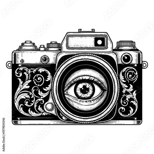 vintage camera with artistic eye design vector illustration for photography and vision concepts