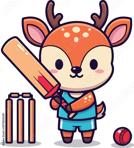 Deer playing cricket with a bat and ball. Fun and whimsical animal sports concept for prints, childrens books, and wildlife designs.