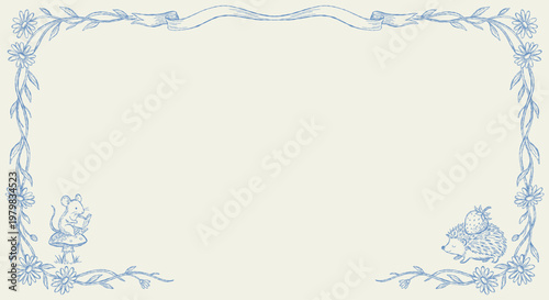 Delicate blue ink line art border cute mouse and mushroom. Whimsical cottagecore floral cartouche with charming woodland hedgehog and strawberry. Vintage fairytale style for card or invitation.