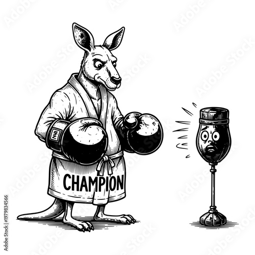 Cartoon kangaroo boxer in champion robe holding boxing gloves and sad wine bottle