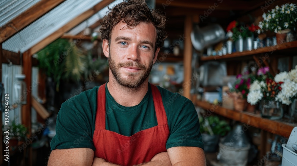 Fototapeta premium A young man stands in a greenhouse, smiling as he tends to plants. This image captures the joy and passion of gardening, showcasing a connection to nature.