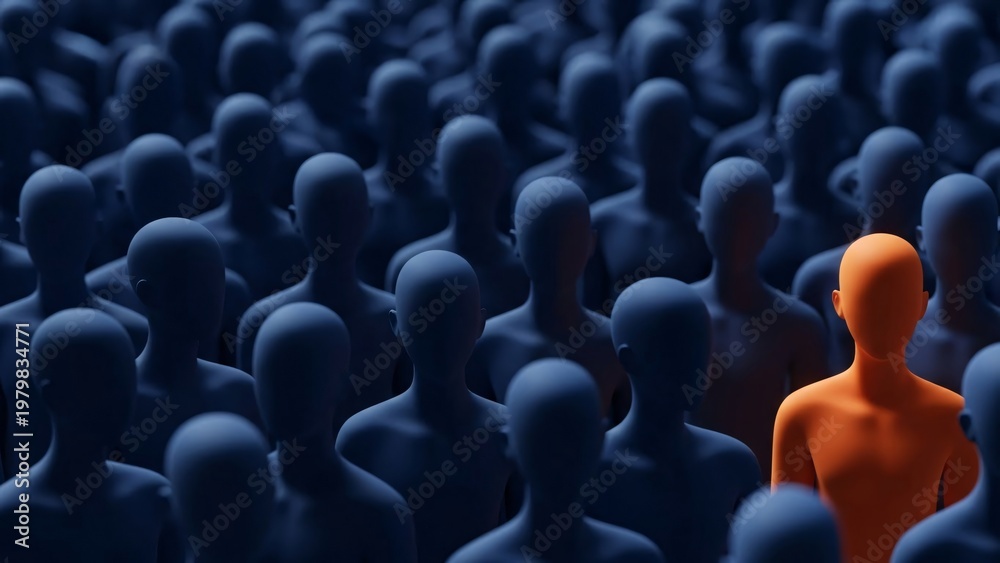 Obraz premium Unique Orange Human Figure Standing Out Among Many Blue Human Figures in a Crowd for Business Leadership and Individuality Concept