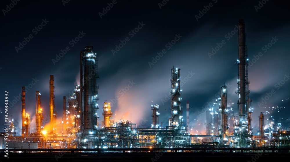 Fototapeta premium Night View of Industrial Facility with Lights and Smoke Emission
