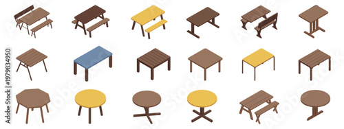 Wooden table picnic icons set, isometric vector design of wooden tables and benches in a park environment, perfect for recreation, camping, and garden furniture visualization.