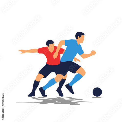 Soccer players competing for ball, dynamic action, flat design illustration