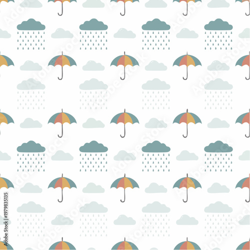 Seamless pattern of cartoon clouds and umbrellas with rain drops, perfect for children's designs and weather-themed projects