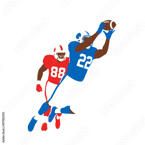 American Football Player Catches Pass Mid-Air, Defender Close Behind