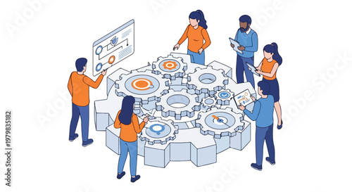 A diverse team of professionals works together to manage and optimize a complex mechanical system using various digital tablets and interfaces.