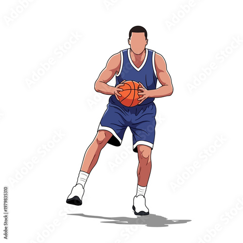 Basketball Player Dribbling Ball Isolated on White Background, Athletic Male