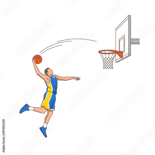 Basketball player dunking, athletic jump shot, sports action, illustration on white background