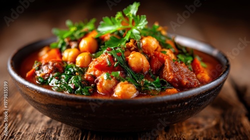 A vibrant bowl of nutritious vegetable stew, featuring rich ingredients that highlight the comfort food concept while celebrating healthy eating and warmth during colder months.