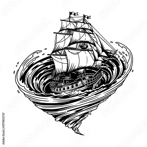 vintage tall ship sailing in swirling ocean vortex surreal illustration