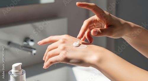 Close-up of a person's hands carefully applying a dollop of white moisturizing cream, emphasizing a daily skincare routine for soft, healthy skin in a bright bathroom setting
