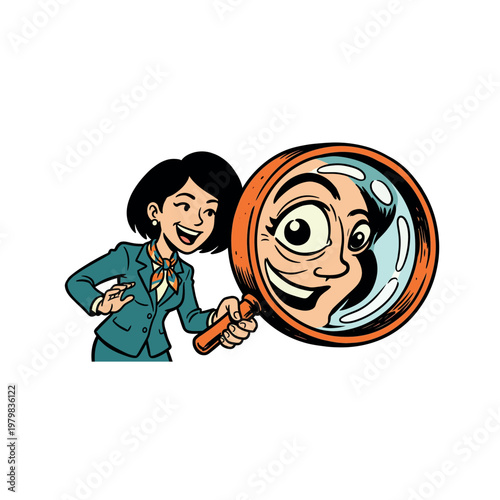 Woman looking through magnifying glass.