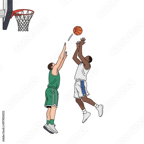 Basketball players jumping to score a basket, sports illustration, active lifestyle