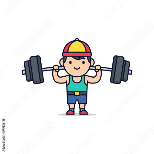 Cartoon boy lifting heavy barbell, fitness and strength training concept, isolated on white background