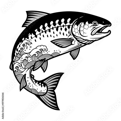 detailed black and white illustration of a jumping steelhead trout in freshwater stream