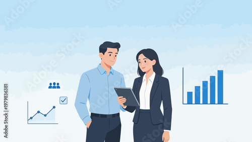 Business professionals discussing data