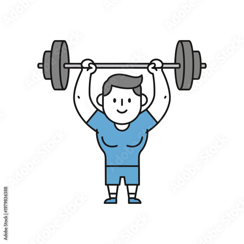 Cartoon man lifting heavy barbell overhead, fitness and weightlifting concept