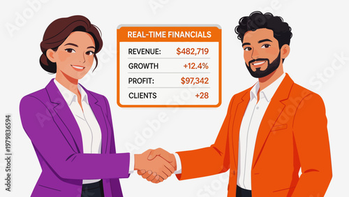 Business handshake with financial stats