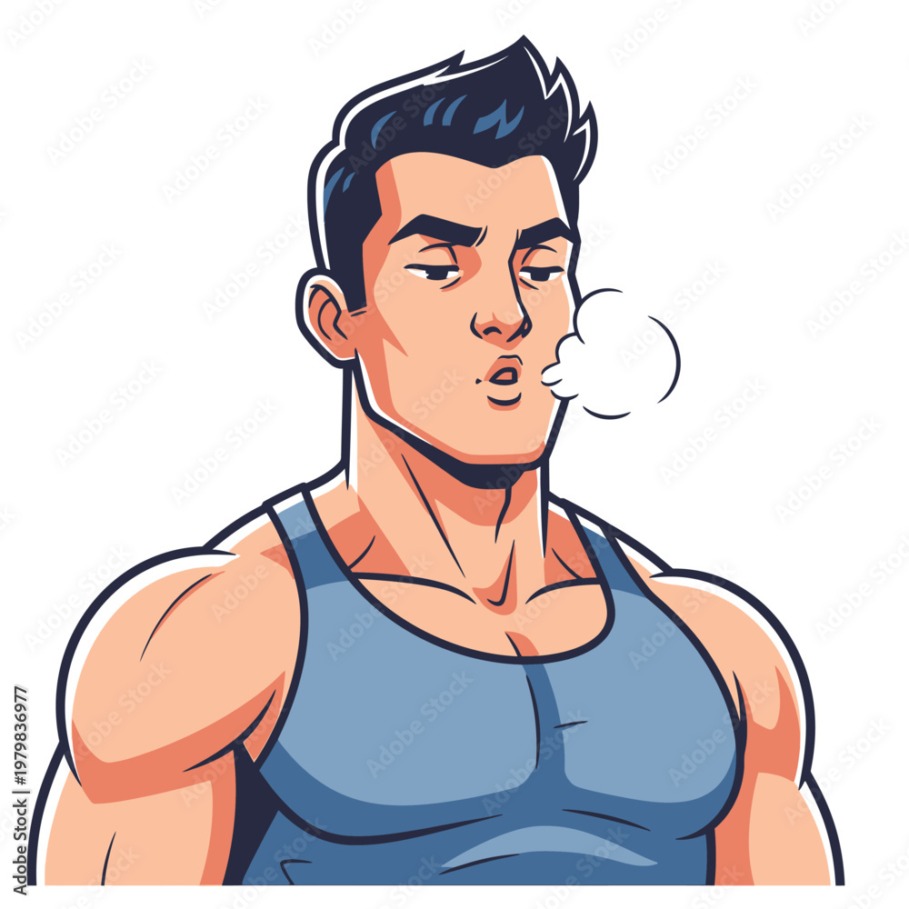 Fototapeta premium Muscular Man Blowing White Smoke, Fitness Guy Exhaling Steam, Isolated on White Background