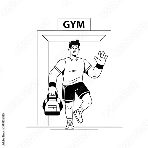 Man waving happily leaving the gym with his sports bag, fitness lifestyle