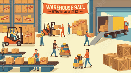 Busy Warehouse Sale Illustration with Forklifts and Shoppers Everything Must Go Discount Event
