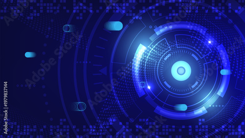 Quantum technology background. Computer science circle HUD communication. Engineering innovation on blue pixel