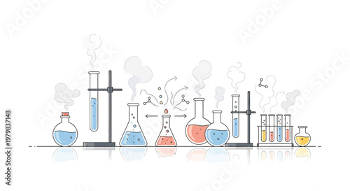 Chemistry Laboratory Equipment with Bubbling Liquids and Vapors.