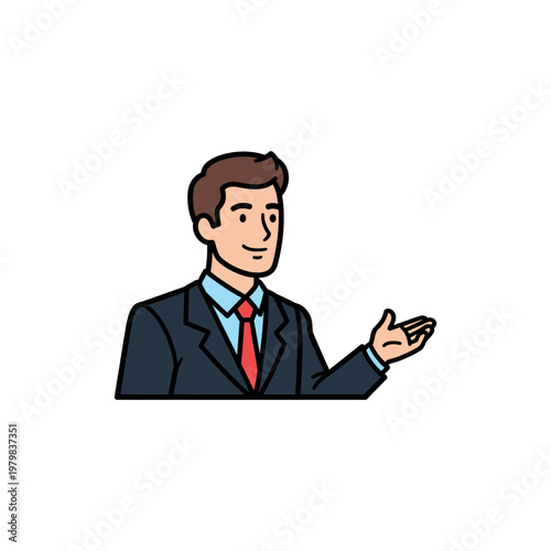 Businessman in suit gesturing with hand.