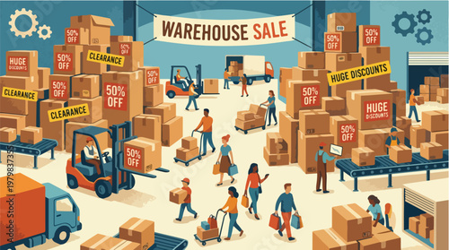 Busy Warehouse Sale Illustration with Shoppers and Discounts Vector Graphic for Retail Promotions and Clearance Events