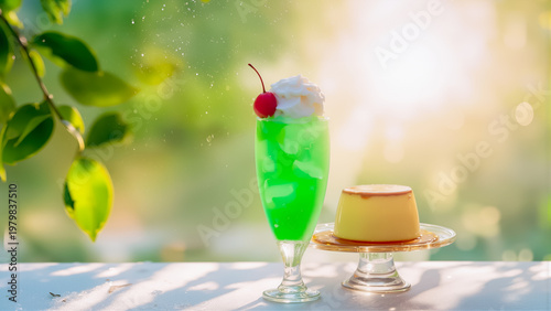 木漏れ日が降り注ぐ初夏の庭を背景に、真っ赤なさくらんぼが乗った鮮やかな緑のメロンクリームソーダと昔ながらのカスタードプリンが並ぶ、爽やかでノスタルジックなティータイム