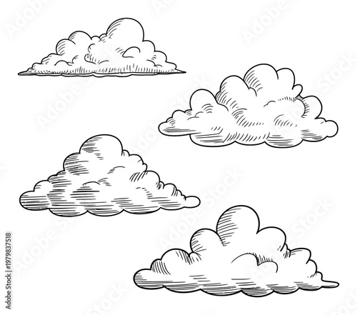 Vintage of Four Fluffy Cumulus Clouds on White Background