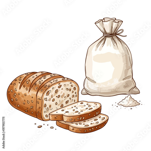 Whole grain bread loaf and slices with flour sack on wooden table, healthy homemade baking concept