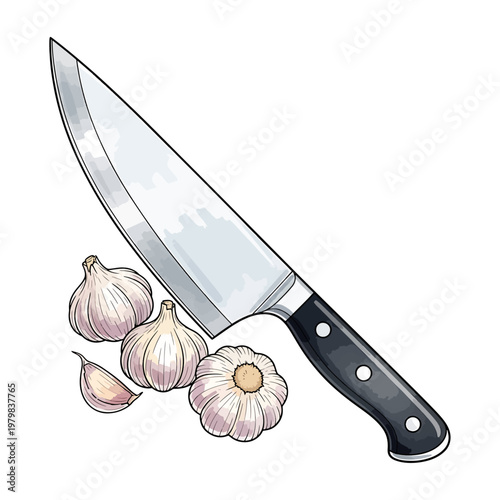 Chef's knife with fresh garlic bulbs and cloves on white background, cooking essentials flat lay