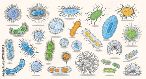 Collection of Diverse Microscopic Organisms and Bacteria Illustrations.