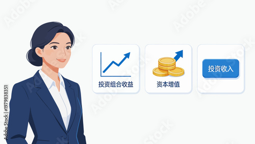 Businesswoman with investment icons