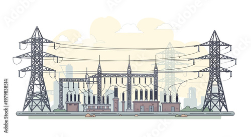 Electrical substation with power lines and towers.