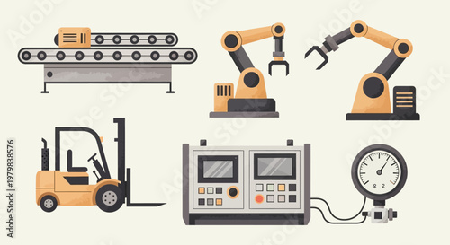 Industrial Automation Equipment Set Vector Illustration.