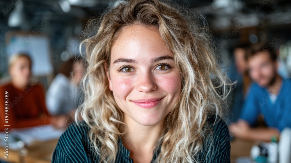 Obraz premium A joyful young woman with curly hair smiles in a vibrant workspace, showcasing a creative and collaborative environment filled with energy and inspiration.