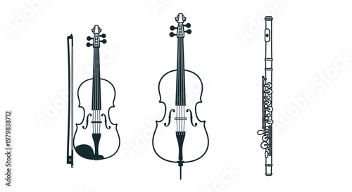 Violin Bow And Violins With Flute On White Background For Music Education Concepts