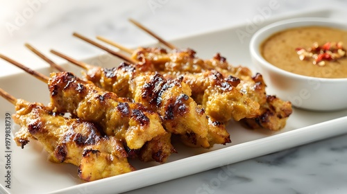 Grilled chicken satay skewers served with peanut sauce on white plate.